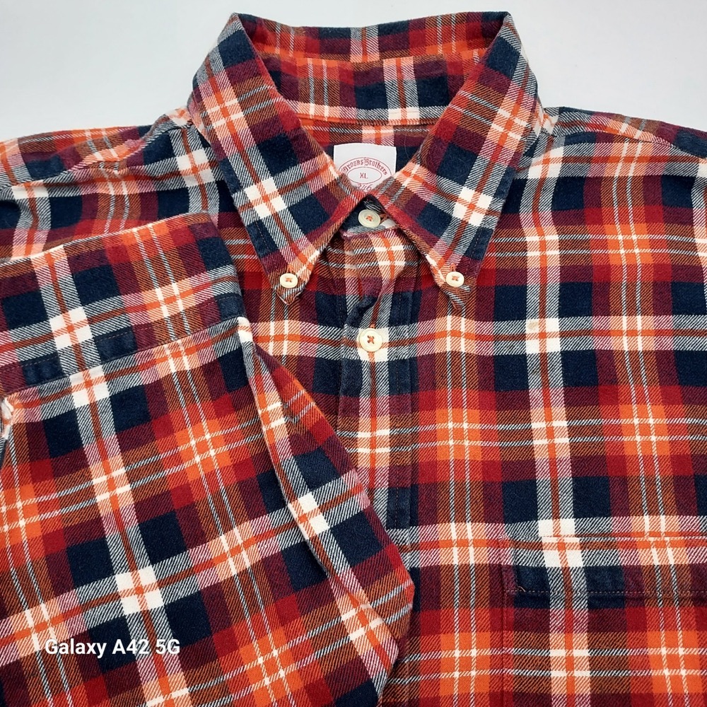 Brooks Brothers 346 Mens XL Flannel Plaid Button Down Shirt Orange Navy Blue